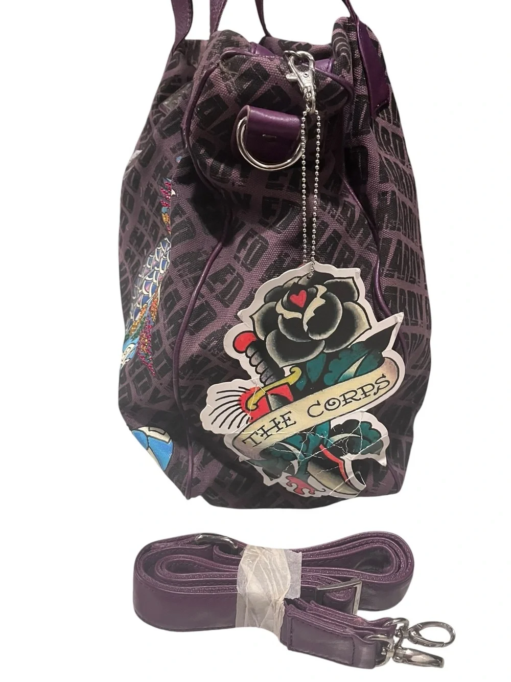 Ed Hardy Purple Geisha Print Tote with Multicolor Accent
